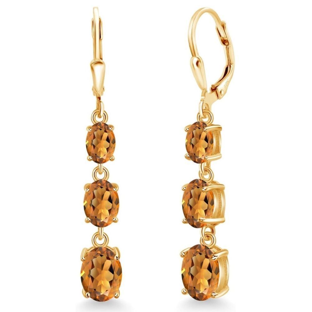 18K Yellow Gold with 4.40 Cttw 3 Stone Madeira Citrine Leverback Drop Earrings